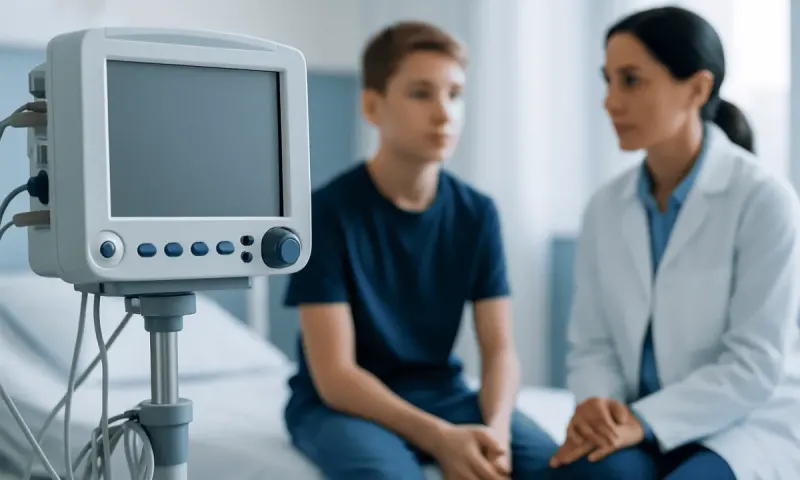 Doctor consulting a teenage patient in a hospital room with medical equipment.