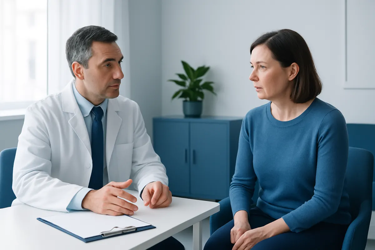 Doctor consulting with a female patient in a medical office.