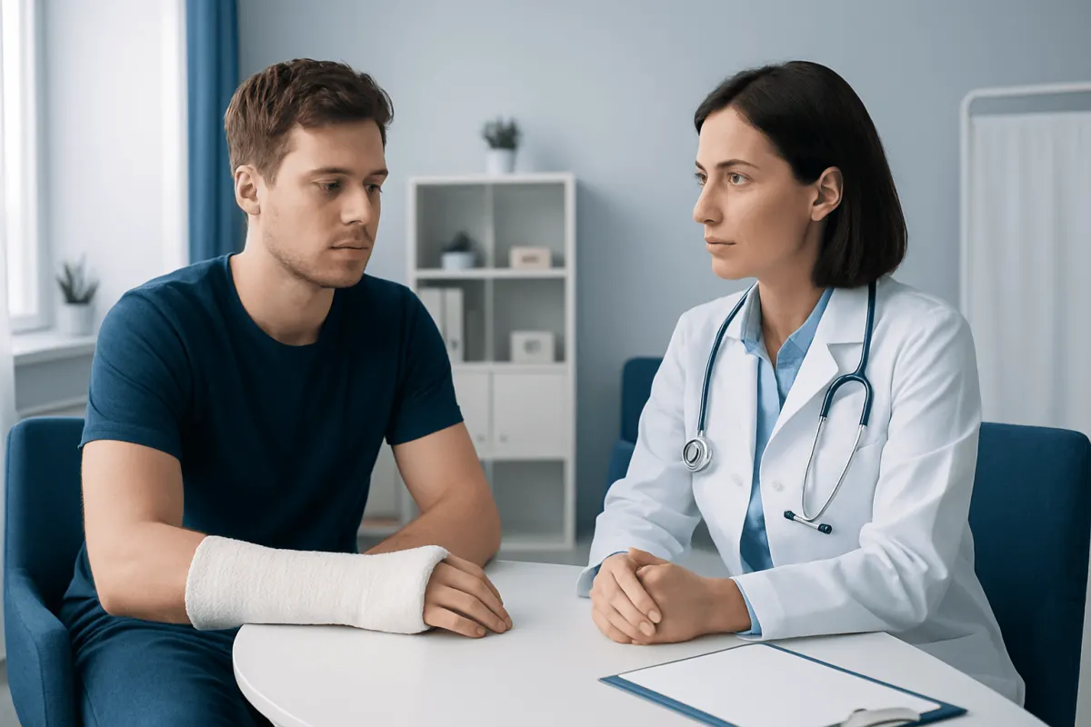 Doctor consulting with a patient with a cast on his arm in a medical office.