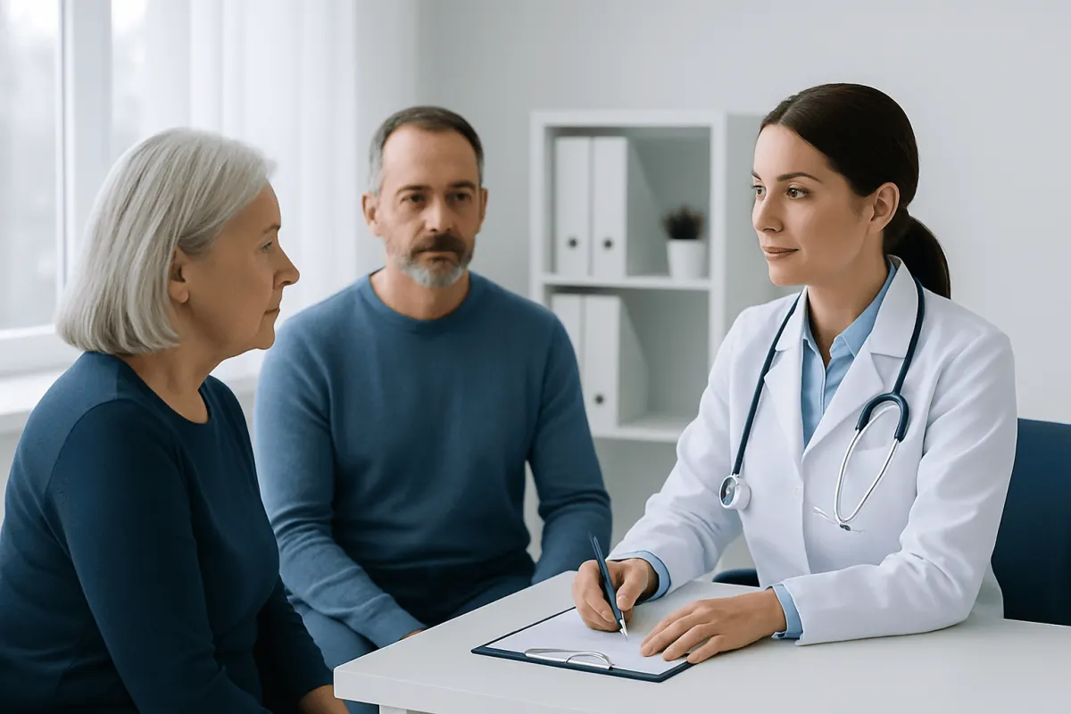 Doctor consulting with elderly woman and middle-aged man in a medical office.