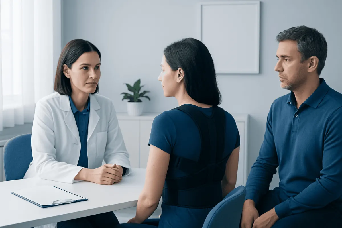 Doctor consulting patient about posture correction at clinic.