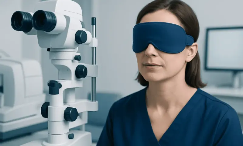 Medical professional using eye examination equipment with eye mask.