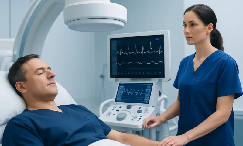Medical professional monitoring patient during cardiac procedure at Acibadem Hospital.