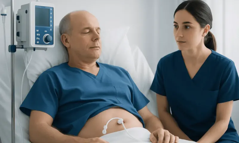 Patient in hospital bed with medical staff during gastrostomy procedure.