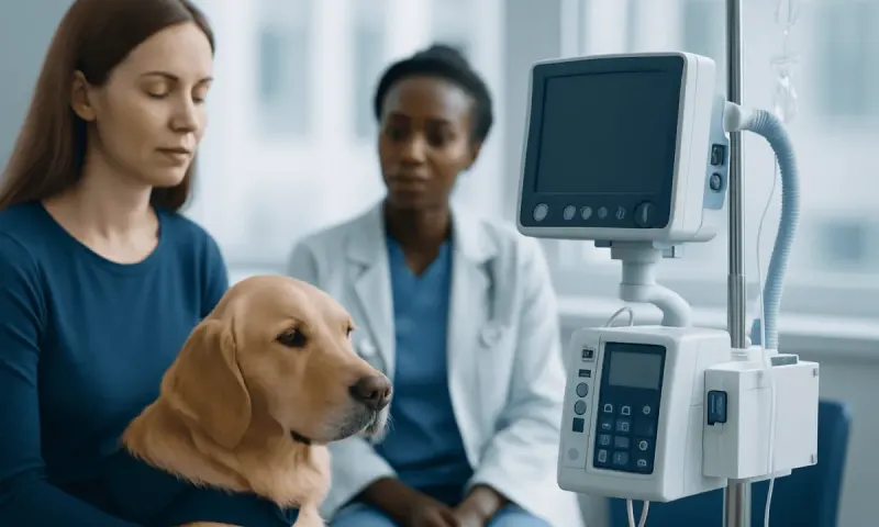 Woman and veterinarian with a therapy dog in a veterinary clinic.