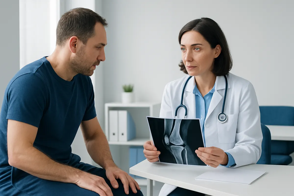 Doctor explaining MRI results to a patient in a medical consultation room.