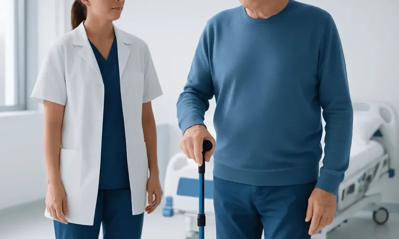 Elderly man using a walking stick with healthcare professional nearby.