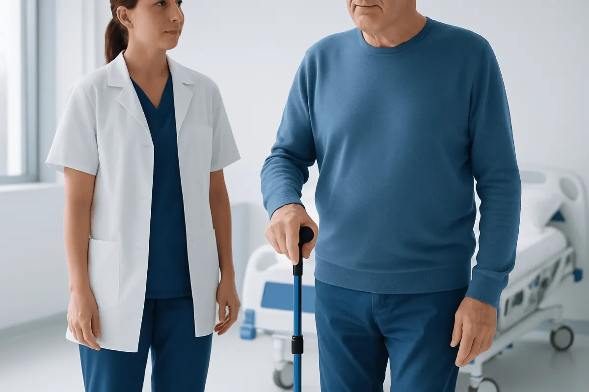 Elderly man using a walking stick with healthcare professional nearby.