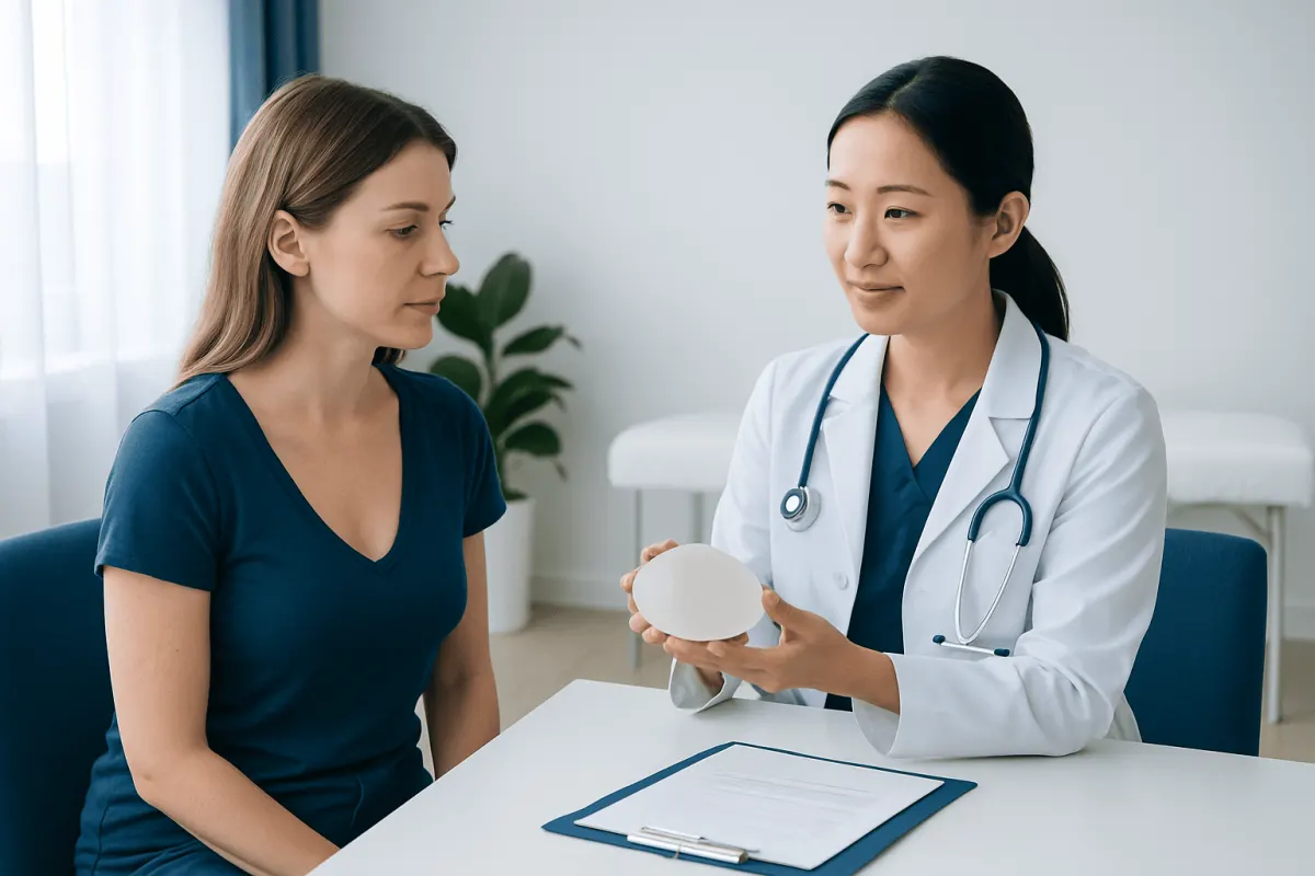 Doctor explaining breast surgery options to a patient in consultation.