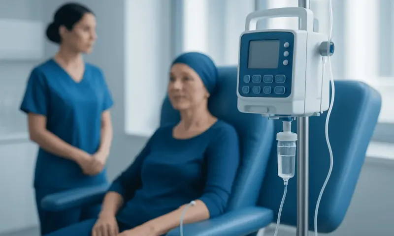 Patient receiving chemotherapy treatment in a hospital setting.