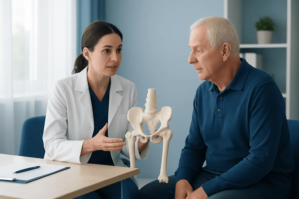 Doctor explaining hip replacement options to an elderly patient with a pelvic model.