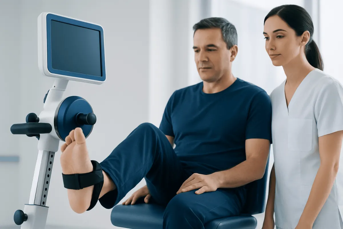 Physical therapy session with a patient using a leg exercise machine.