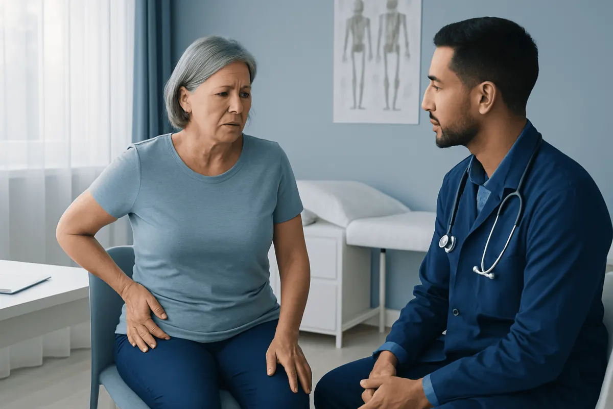Doctor consulting with an elderly woman about hip pain treatment options.