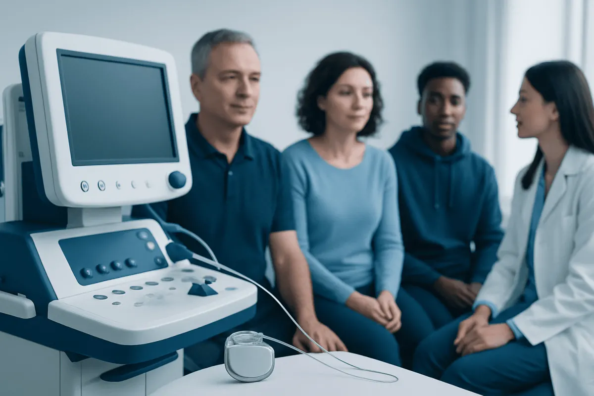 Medical consultation with patients and doctor in a clinical setting.