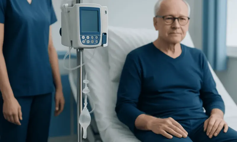 Elderly man in hospital bed with medical monitor and healthcare professional nearby.