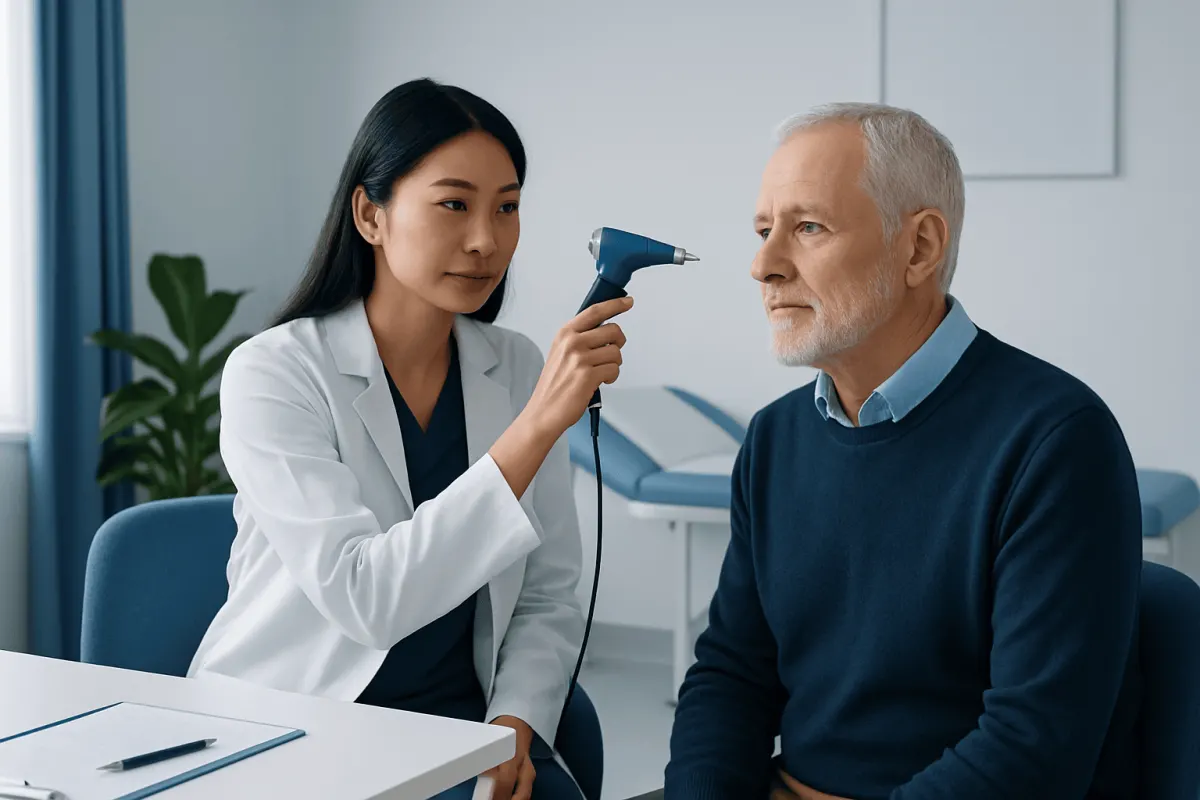 ENT specialist performing ear examination on elderly male patient.