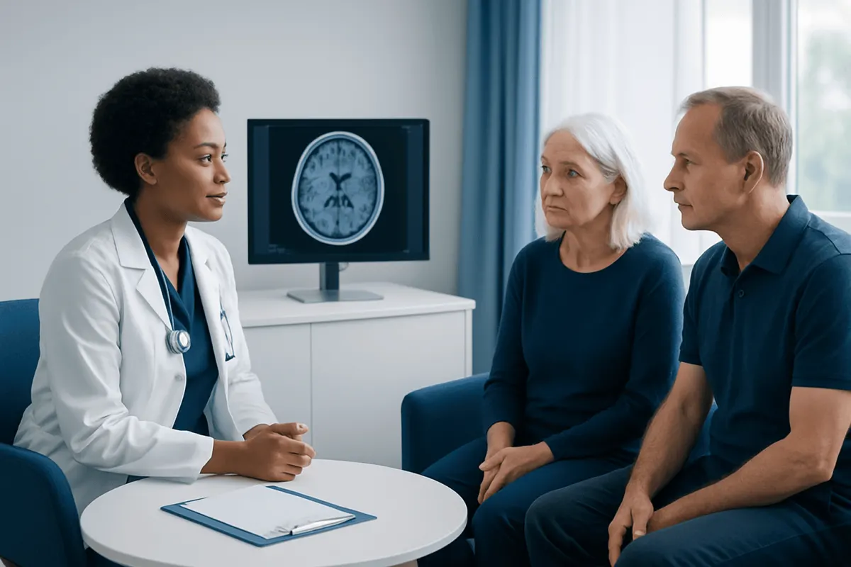 Doctor explaining brain scan to elderly couple in a consultation room.
