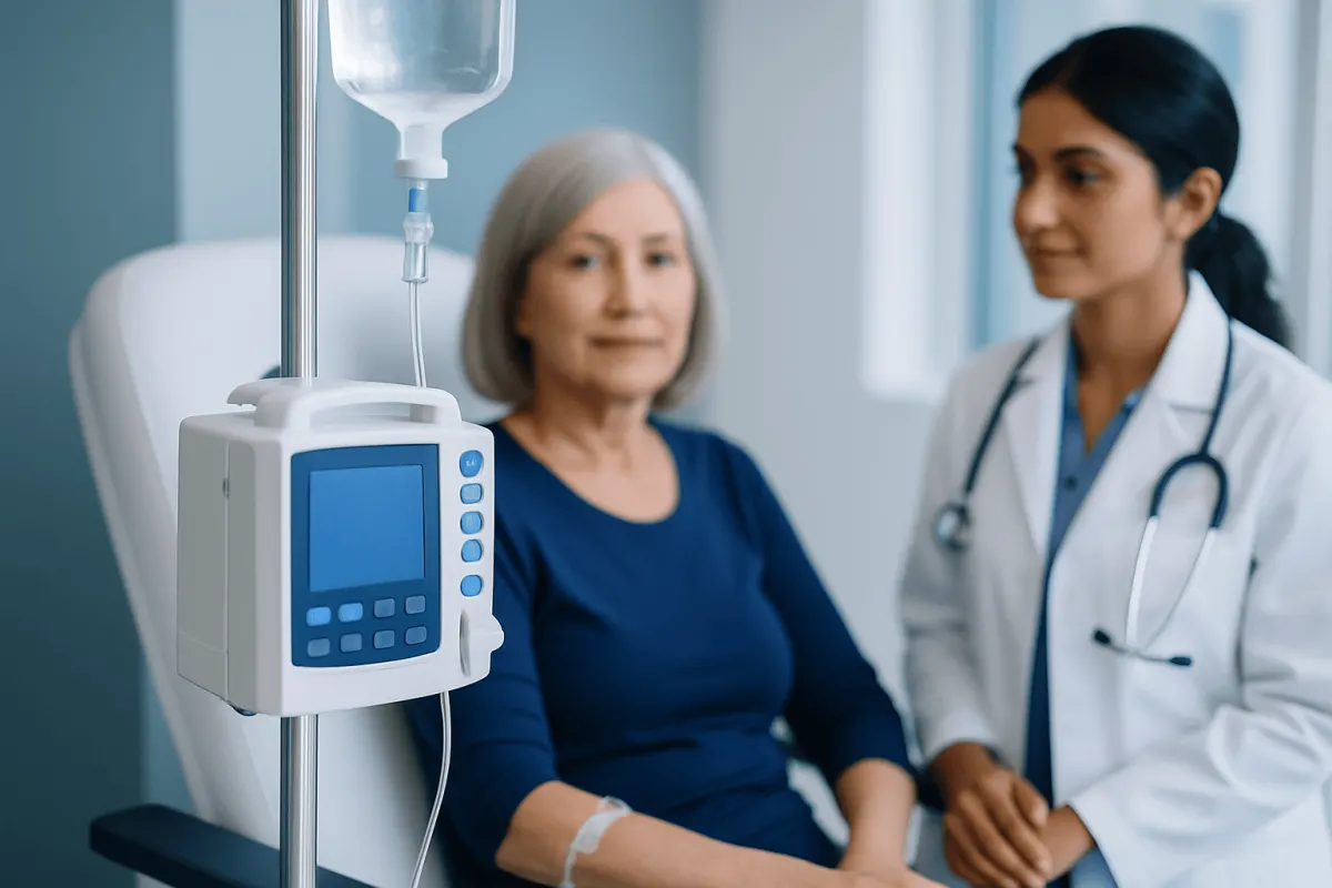 Patient receiving infusion therapy in a hospital setting with medical staff present.