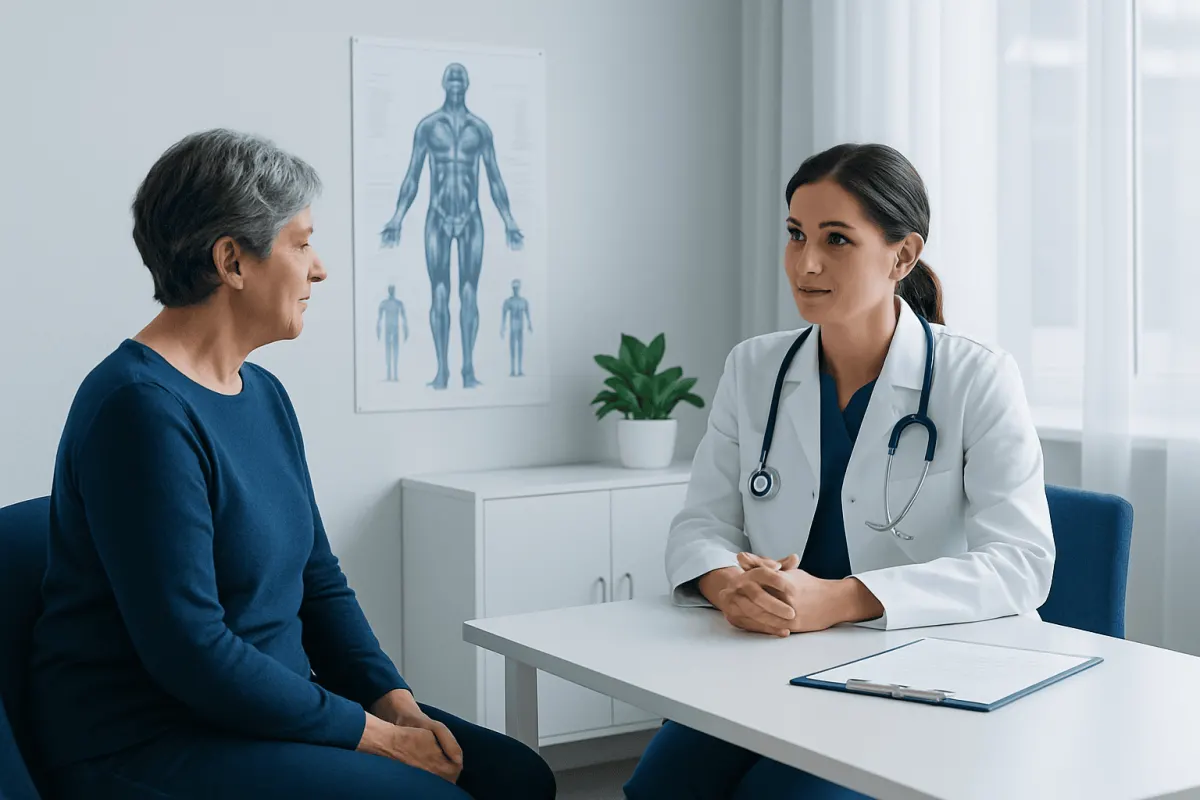 Doctor consulting with an elderly patient in a medical office.