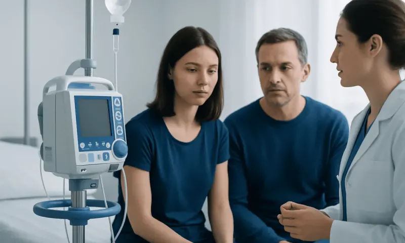 Patient and doctor discussing treatment in hospital room with medical equipment.