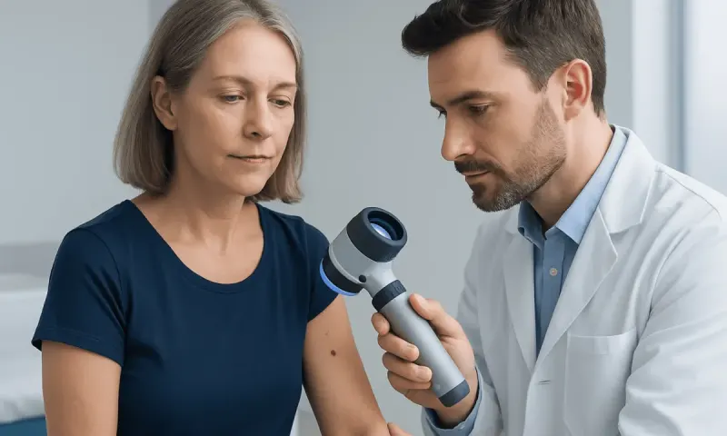 Dermatologist examines patient's skin with a dermatoscope during skin cancer screening.