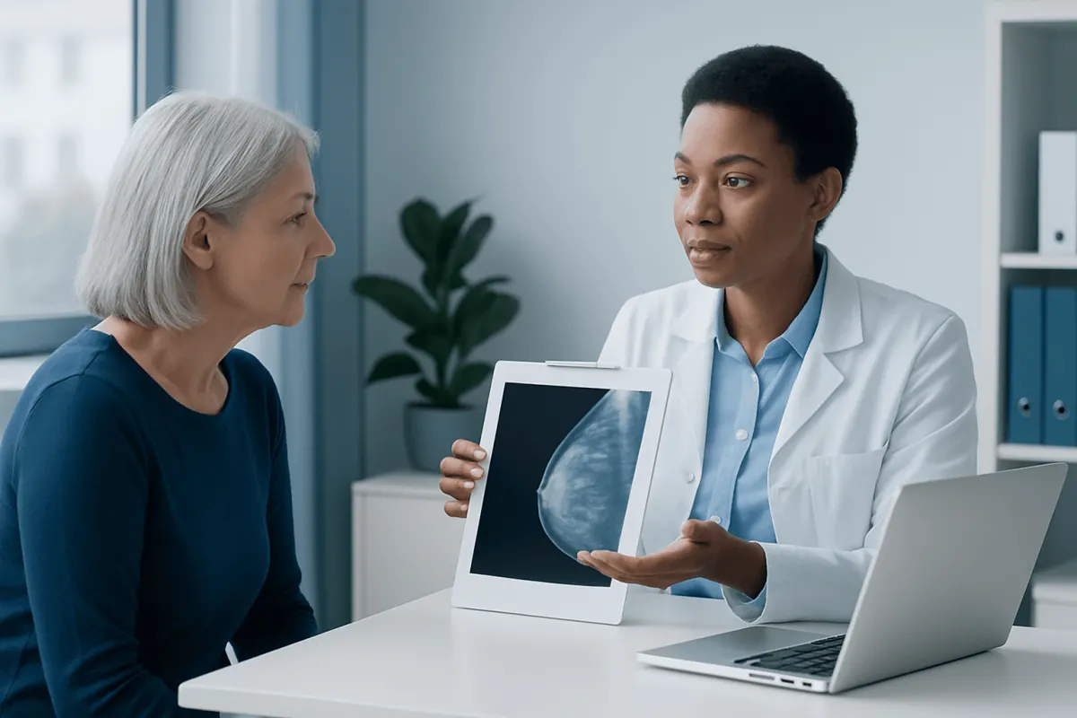Medical professional explains breast tomosynthesis to patient in clinic.