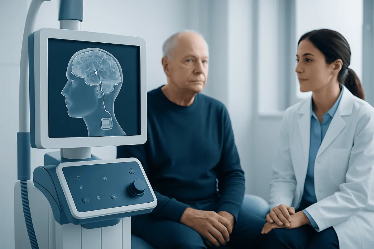 Doctor explaining neuromodulation to patient with brain scan image.