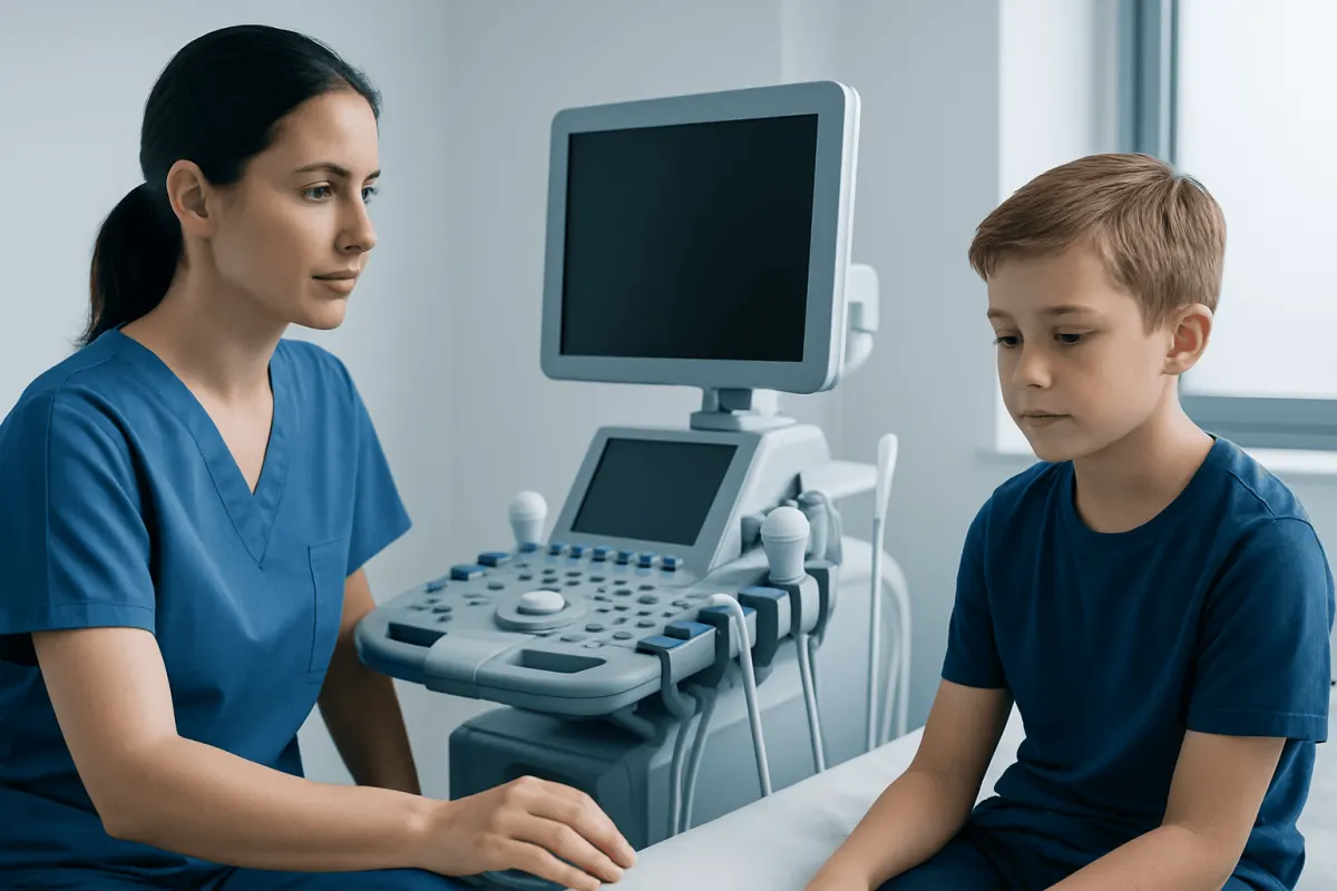 Pediatric doctor consulting a young boy in a medical examination room.