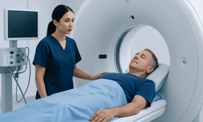 Medical technician prepares patient for MRI scan at Acibadem Hospital.