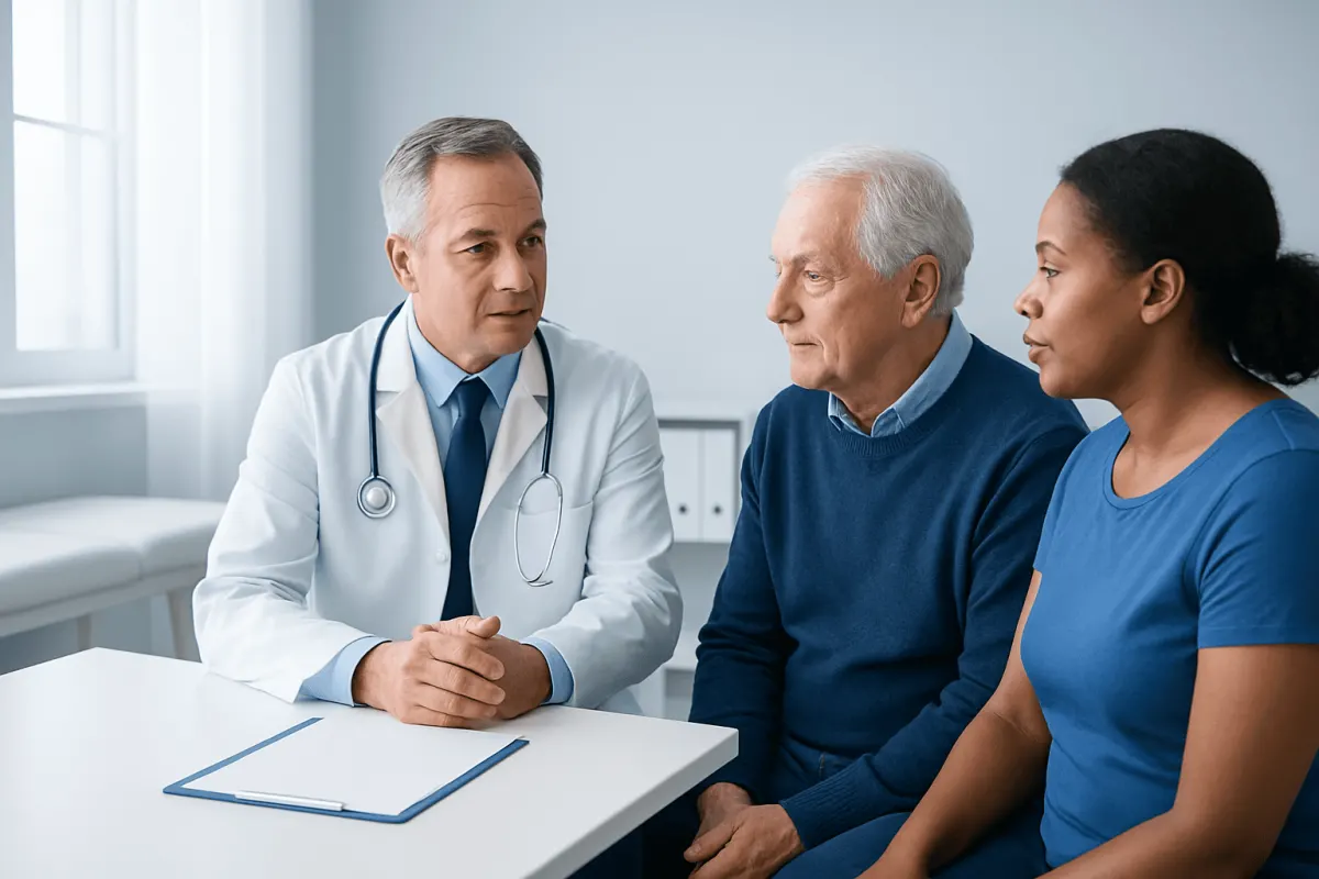 Doctor consulting with elderly male and female patient in a hospital room.