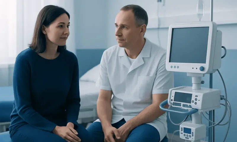 Doctor consulting a patient in a hospital room with medical equipment nearby.