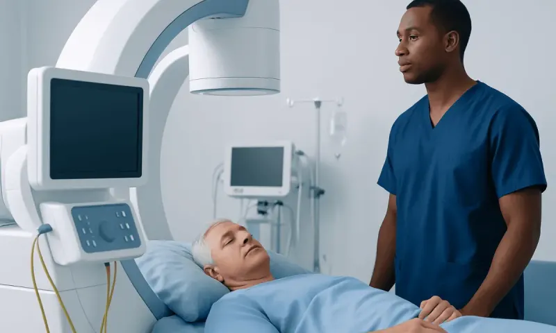 Medical professional prepares patient for imaging procedure in hospital.