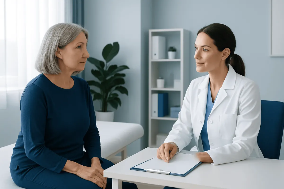 Dermatologist consulting with a patient in a modern clinic setting.