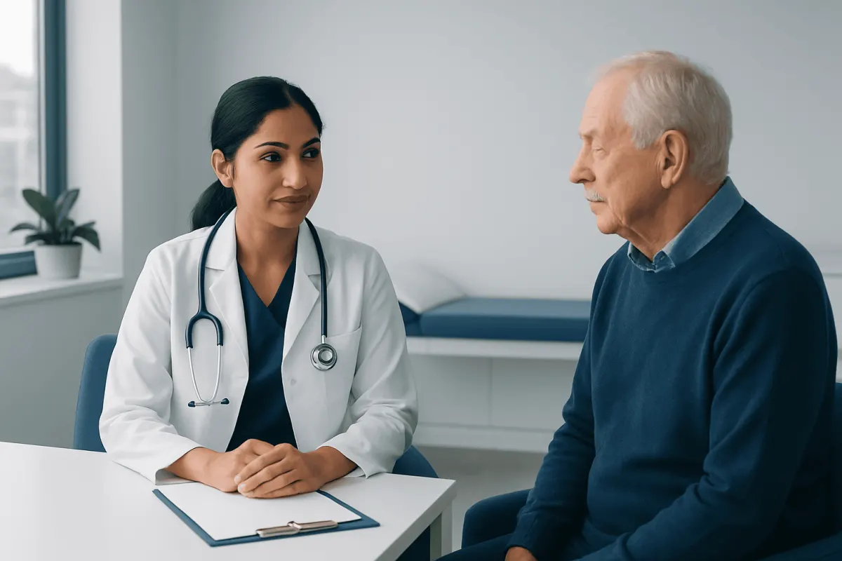 Doctor consulting with elderly patient in a medical office.