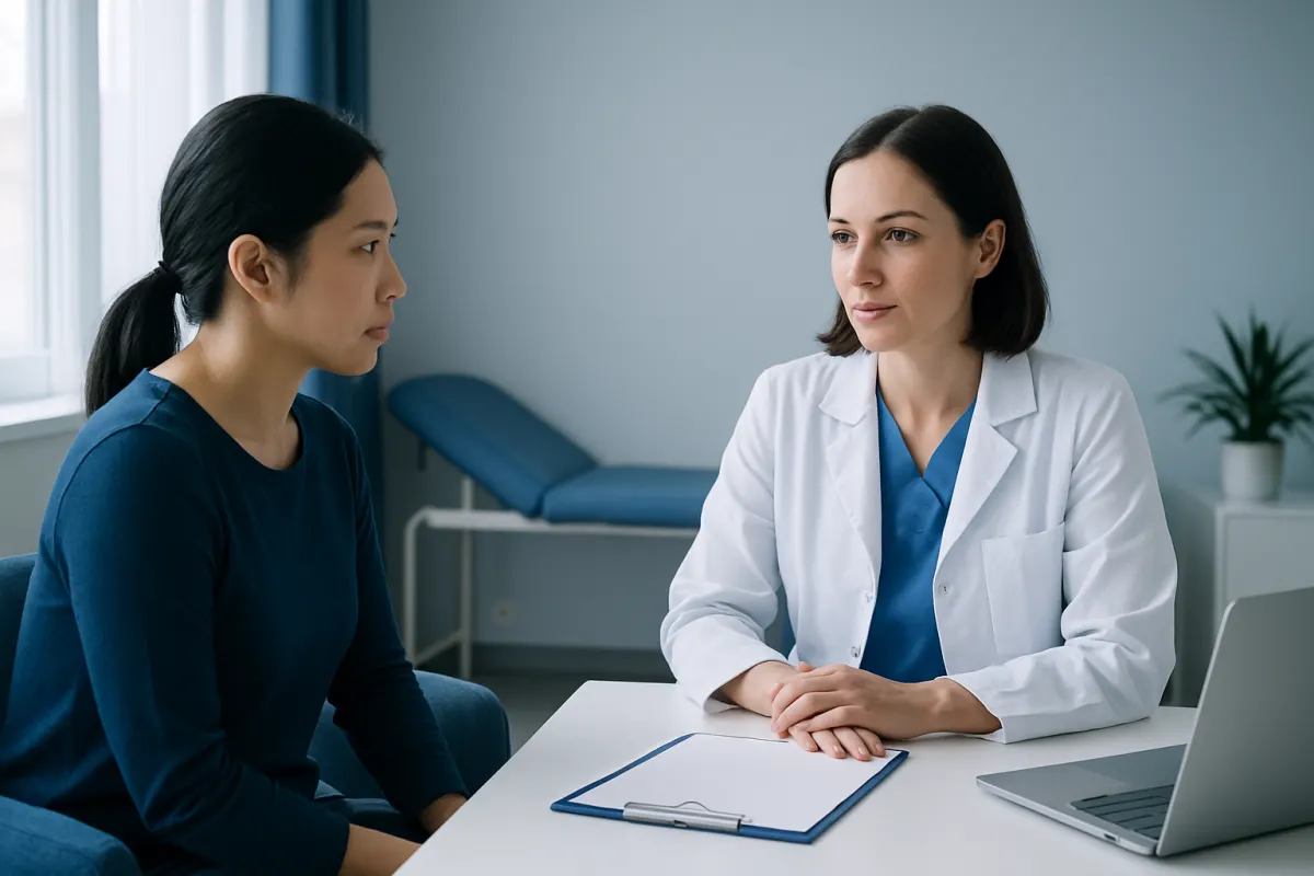 Doctor consulting with patient in a medical office setting.
