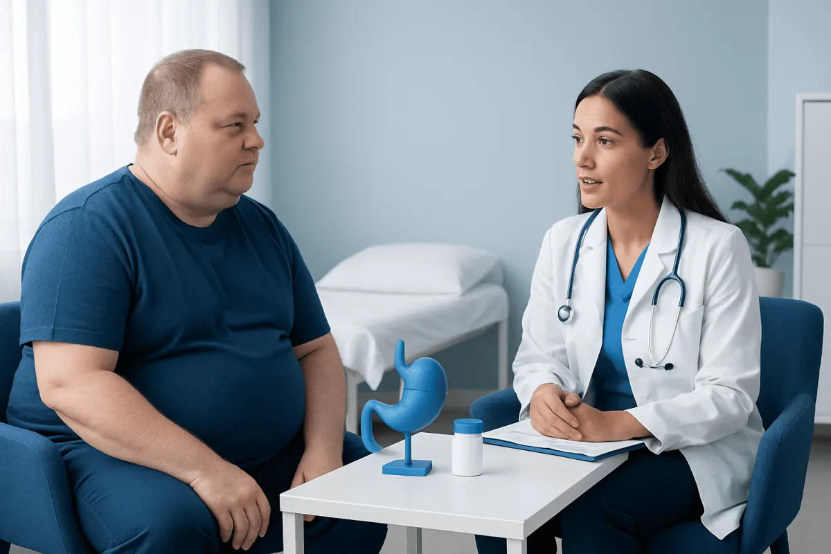 Doctor consulting with overweight patient in a medical office setting.