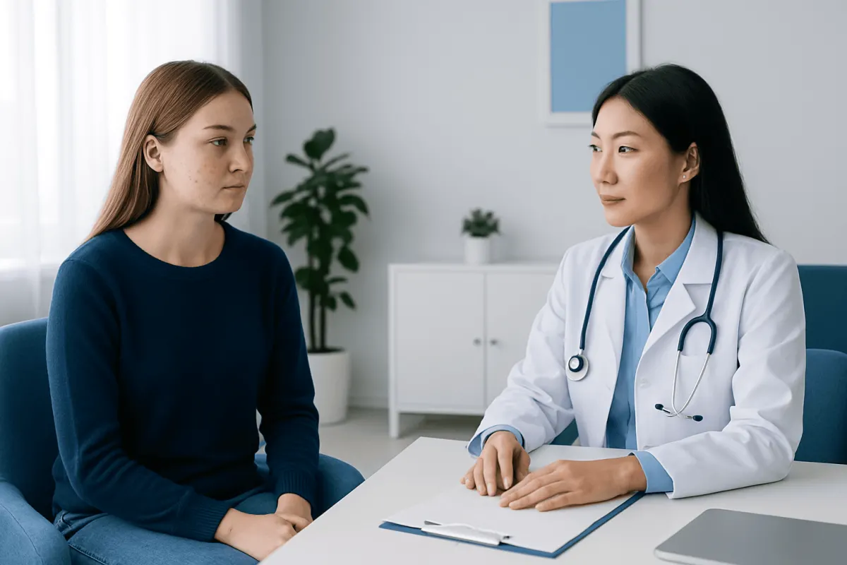 Doctor consulting with a young female patient in a modern clinic.