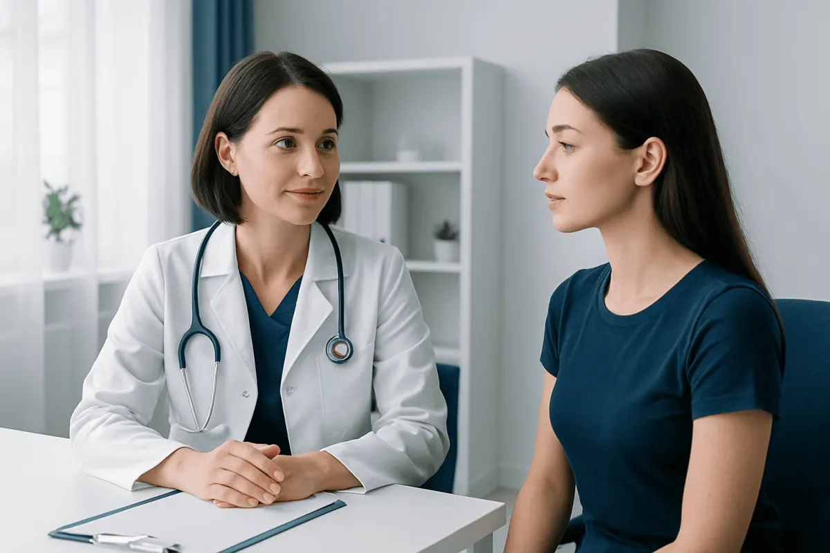 Doctor consulting patient in a medical office for nose surgery.