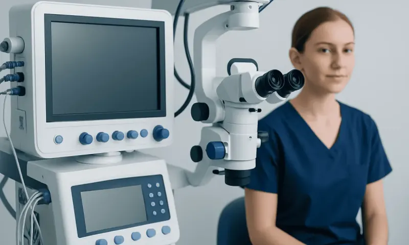 Medical professional with advanced eye examination equipment at Acibadem Hospitals.