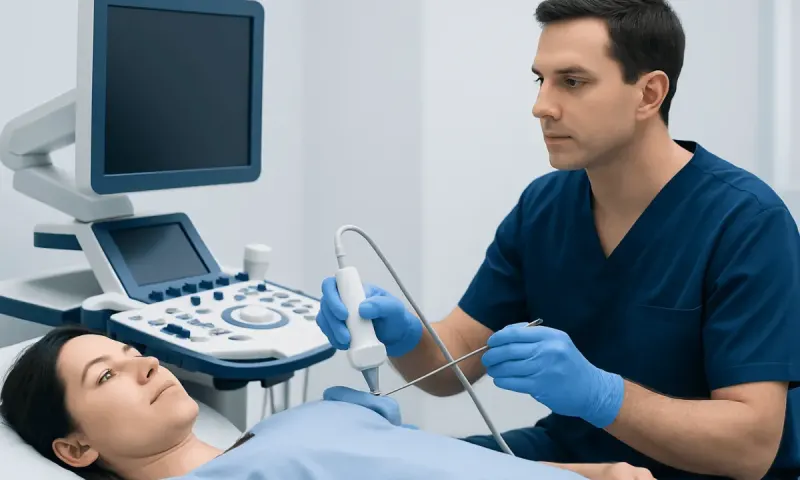 Doctor performing a liver biopsy on a patient in a hospital room.