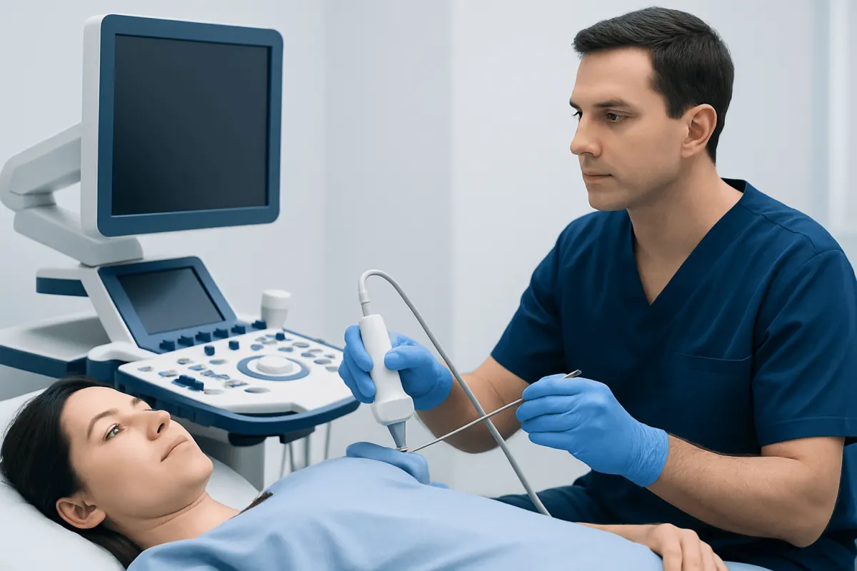 Doctor performing a liver biopsy on a patient in a hospital room.