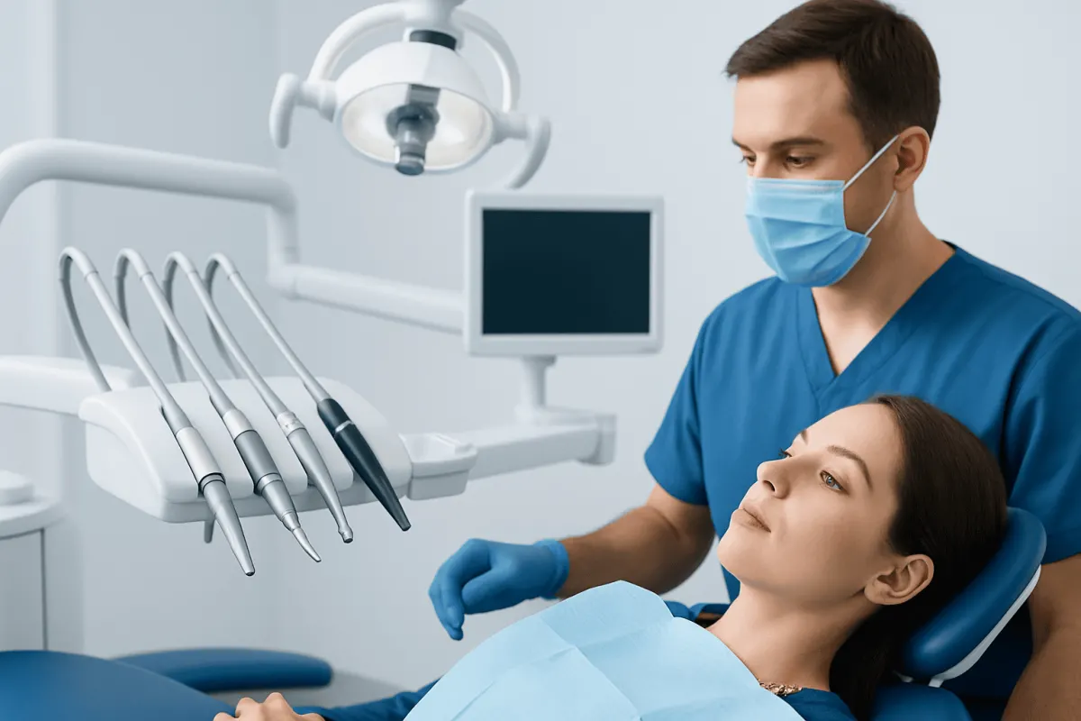 Dentist preparing for a dental procedure with modern equipment in a clinical setting.
