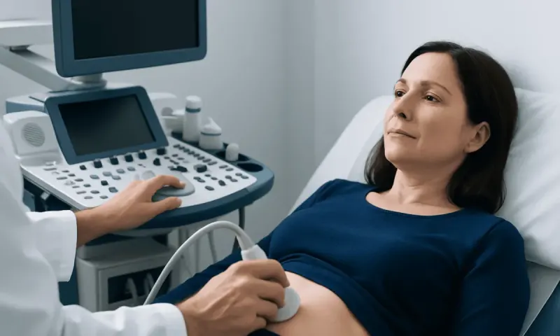 Woman undergoing kidney ultrasound at Acibadem Hospital.