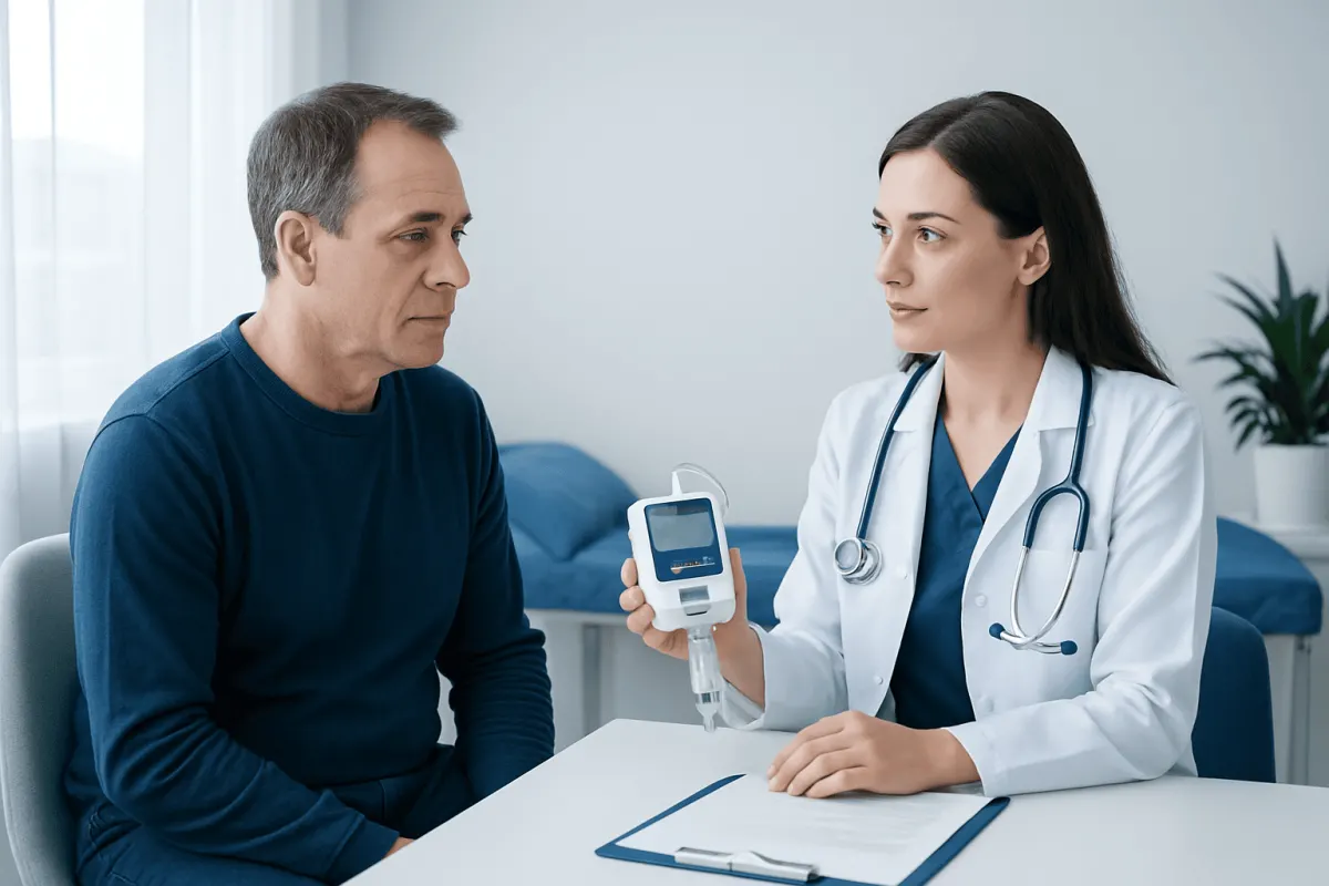 Doctor explaining PCA pump to patient in hospital setting.