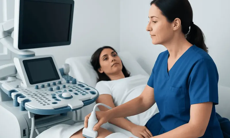 Medical professional performing an ultrasound on a patient in a hospital room.