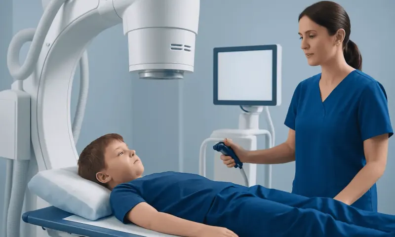 Child undergoing a medical imaging procedure in a hospital setting.