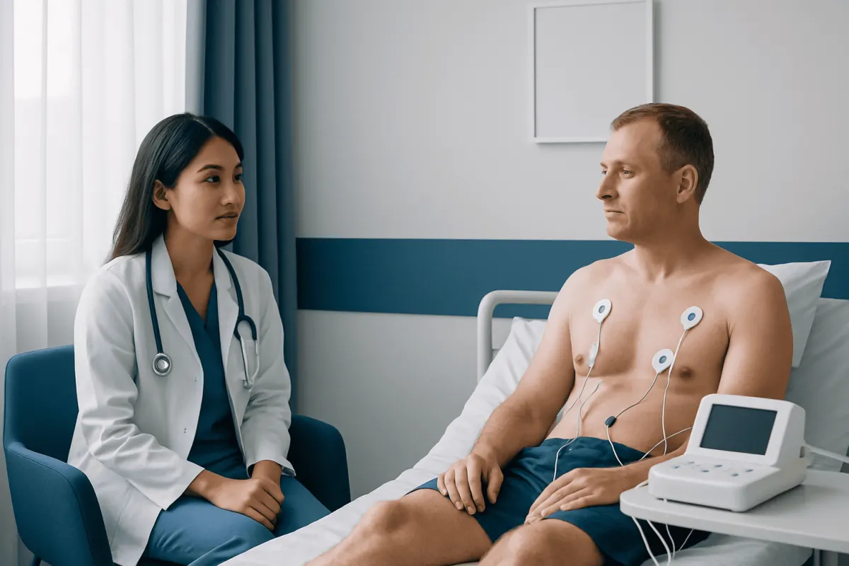 Doctor explains ECG test procedure to male patient in hospital room.