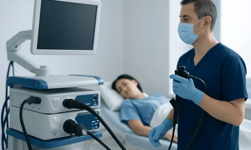 Doctor preparing for an endoscopy procedure in a hospital room.