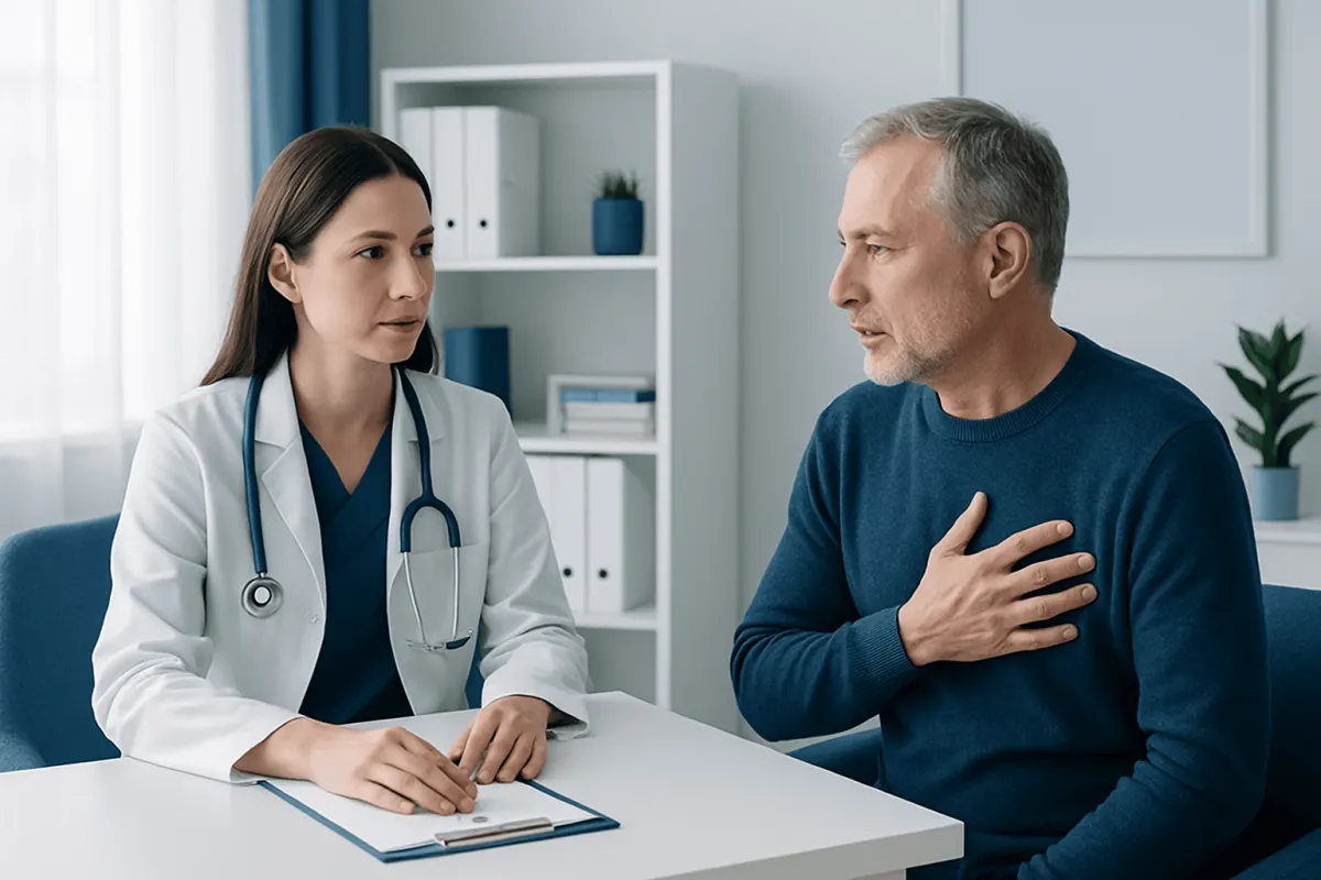Doctor consulting with a patient about cardiac health and defibrillator devices.