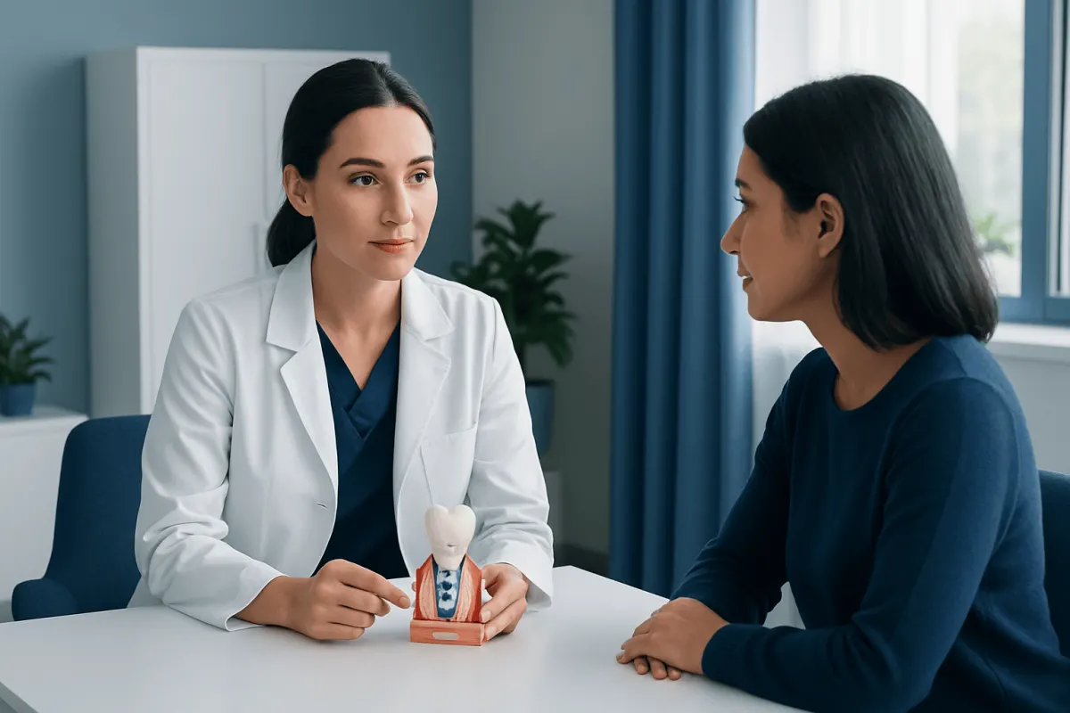 Dentist explaining dental crown on implant to patient with model.